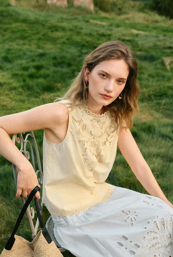 Petite Studio's Coraline Cotton Lace Top in Butter Yellow