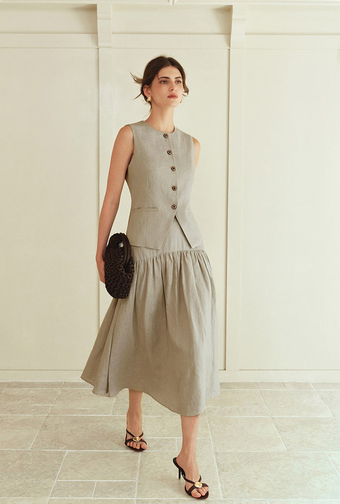 Petite Studio's Rozi Linen Vest in Sand