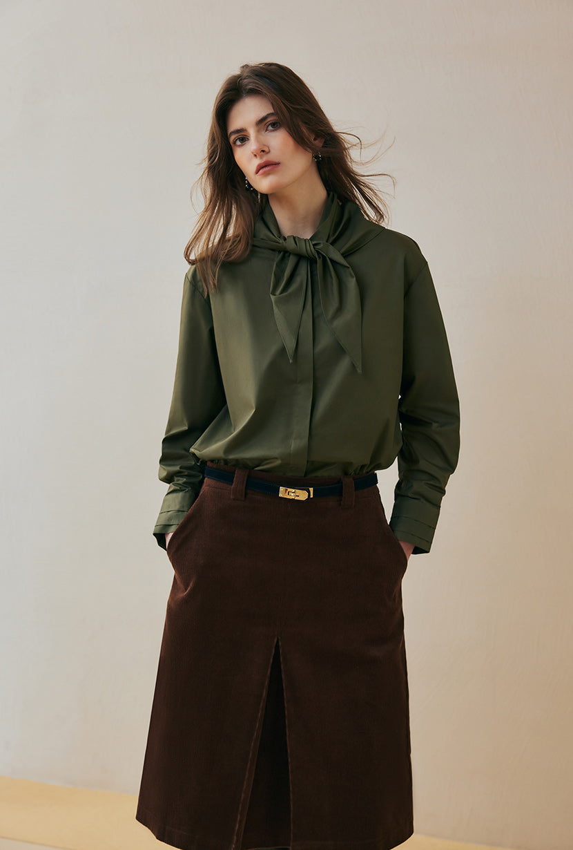 Petite Studio's Finn Cotton Scarf Shirt in Moss Green