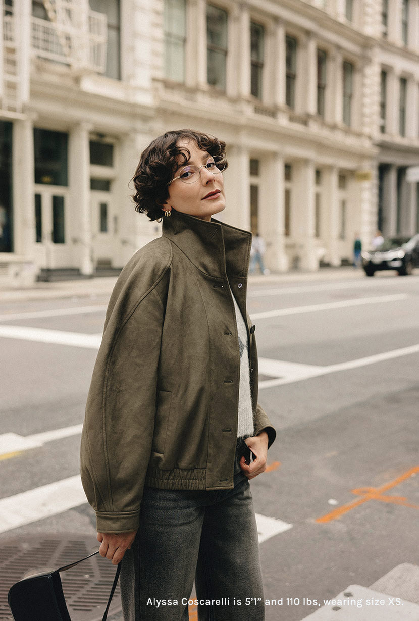 Petite Studio's Ashley Oversized Suede Jacket in Kahki Green