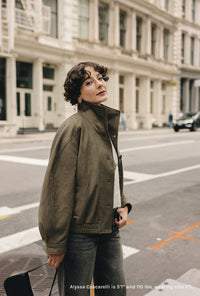 Petite Studio's Ashley Oversized Suede Jacket in Kahki Green