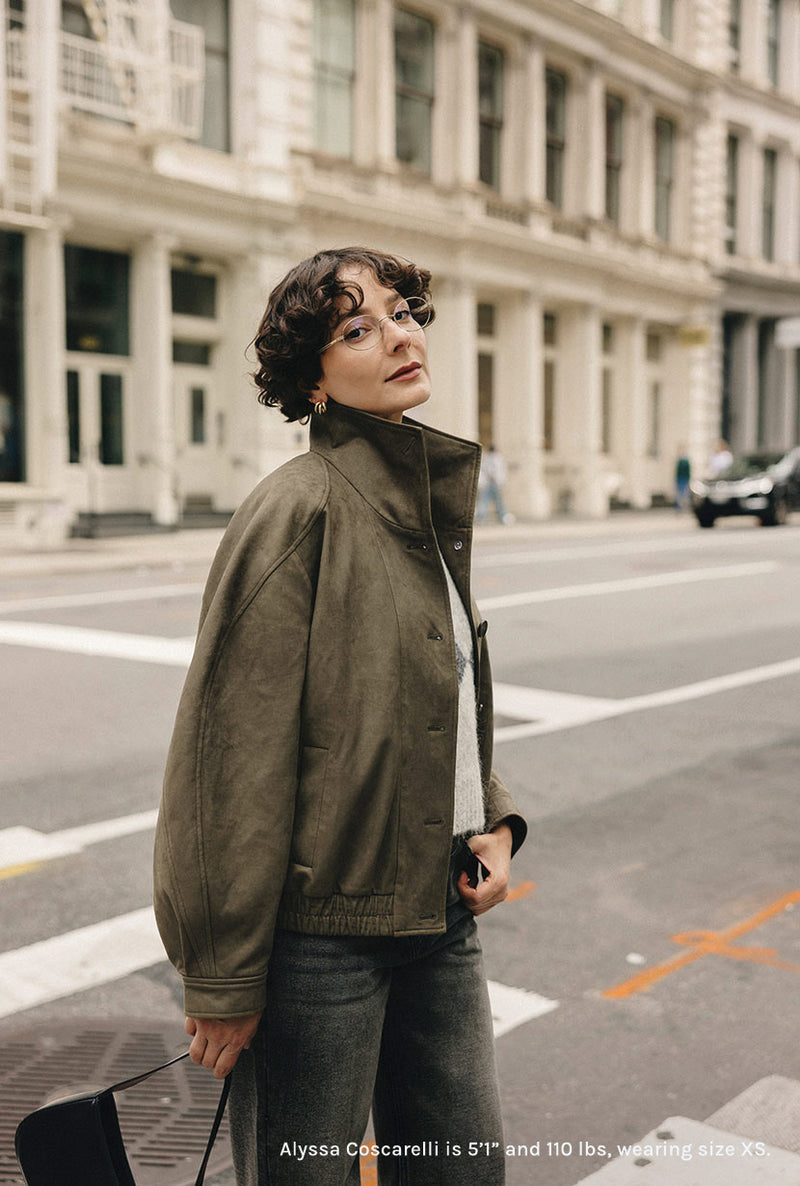 Petite Studio's Ashley Oversized Suede Jacket in Kahki Green