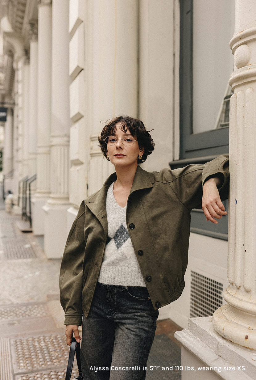 Petite Studio's Ashley Oversized Suede Jacket in Kahki Green