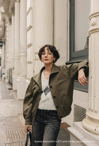 Petite Studio's Ashley Oversized Suede Jacket in Kahki Green