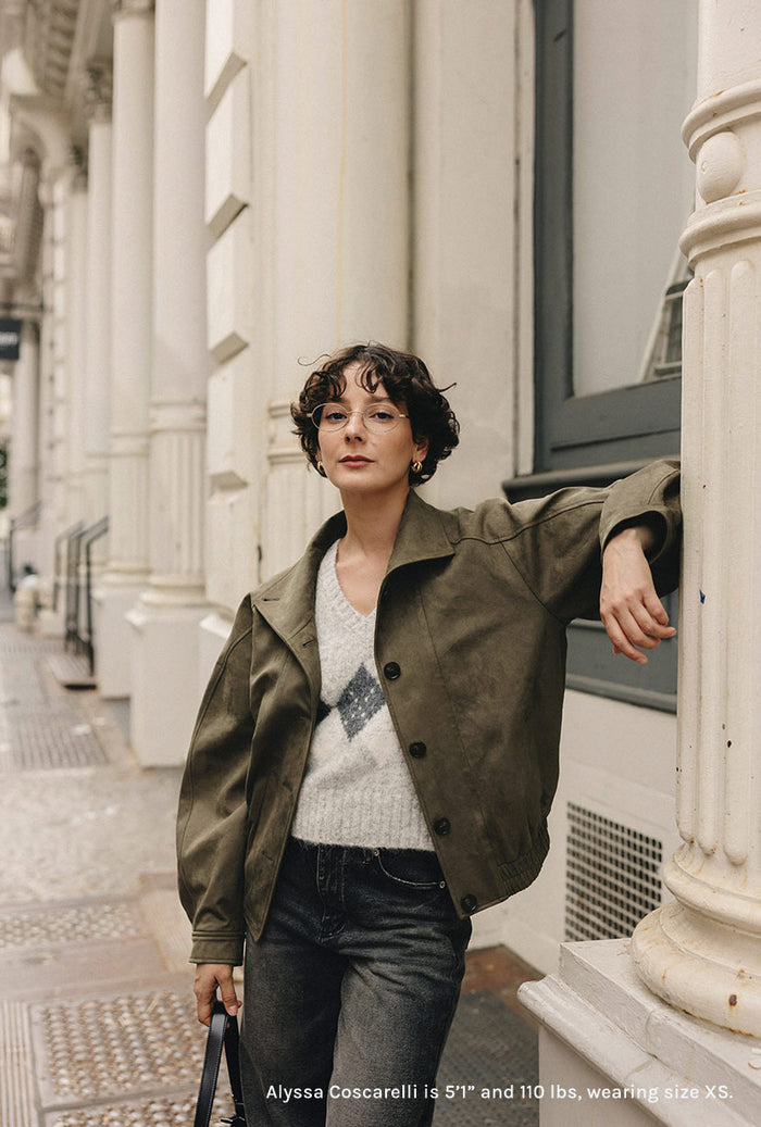 Petite Studio's Ashley Oversized Suede Jacket in Kahki Green