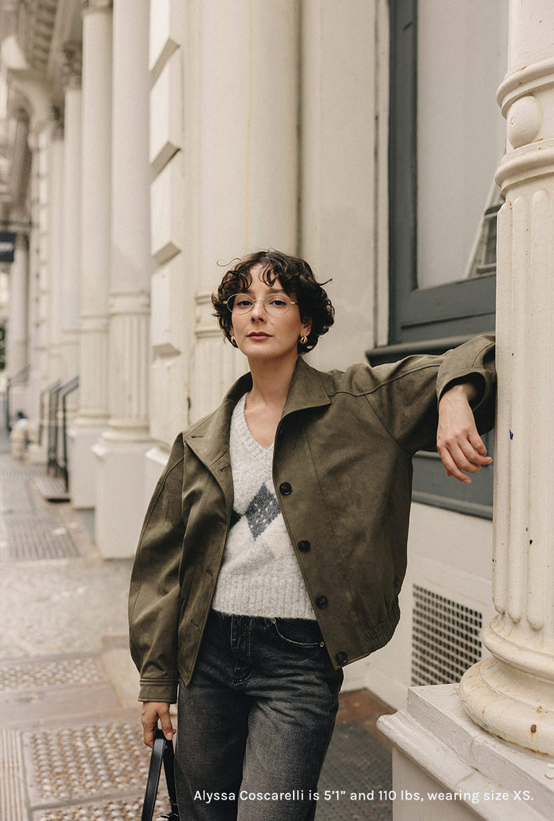 Petite Studio's Ashley Oversized Suede Jacket in Kahki Green