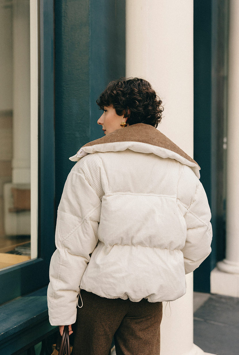 Petite Studio's Carter Corduroy Down Jacket in Ivory
