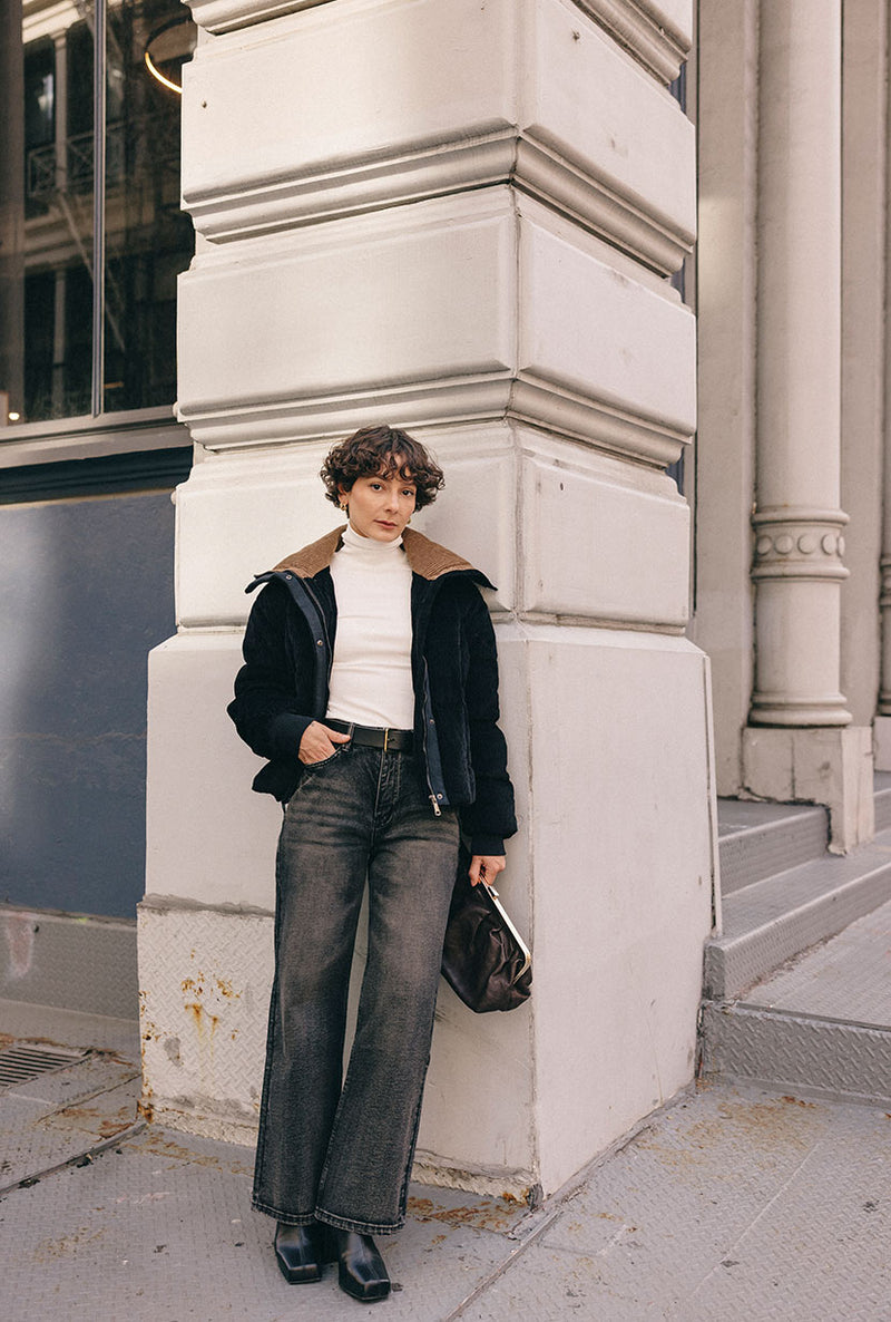 Petite Studio's Carter Corduroy Down Jacket in Black
