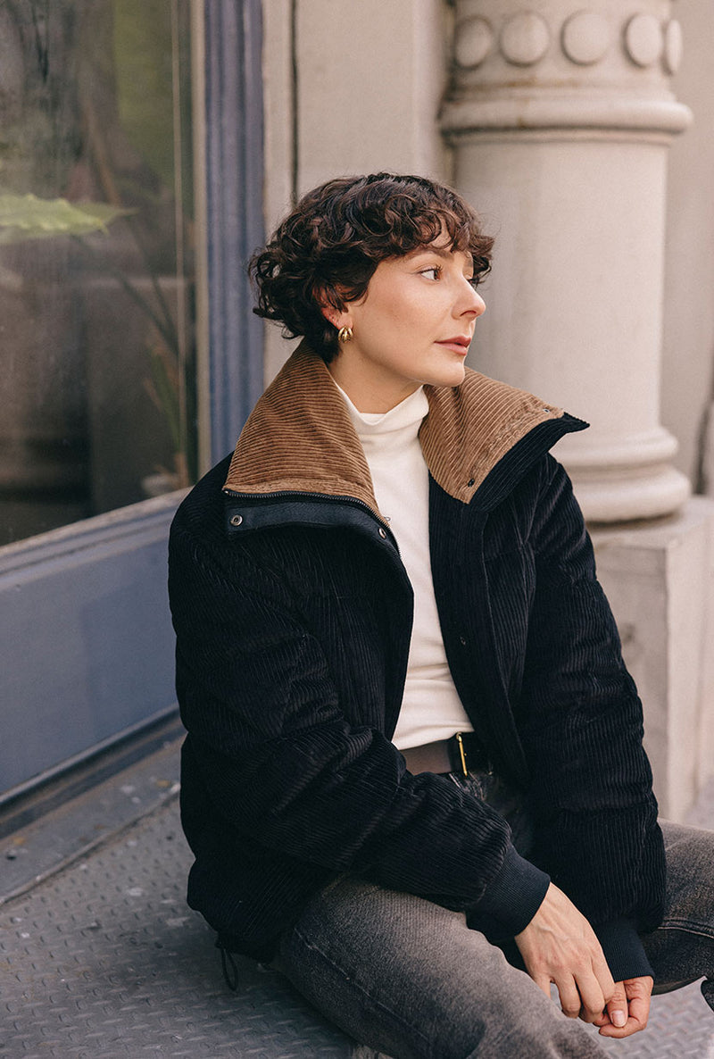 Petite Studio's Carter Corduroy Down Jacket in Black

