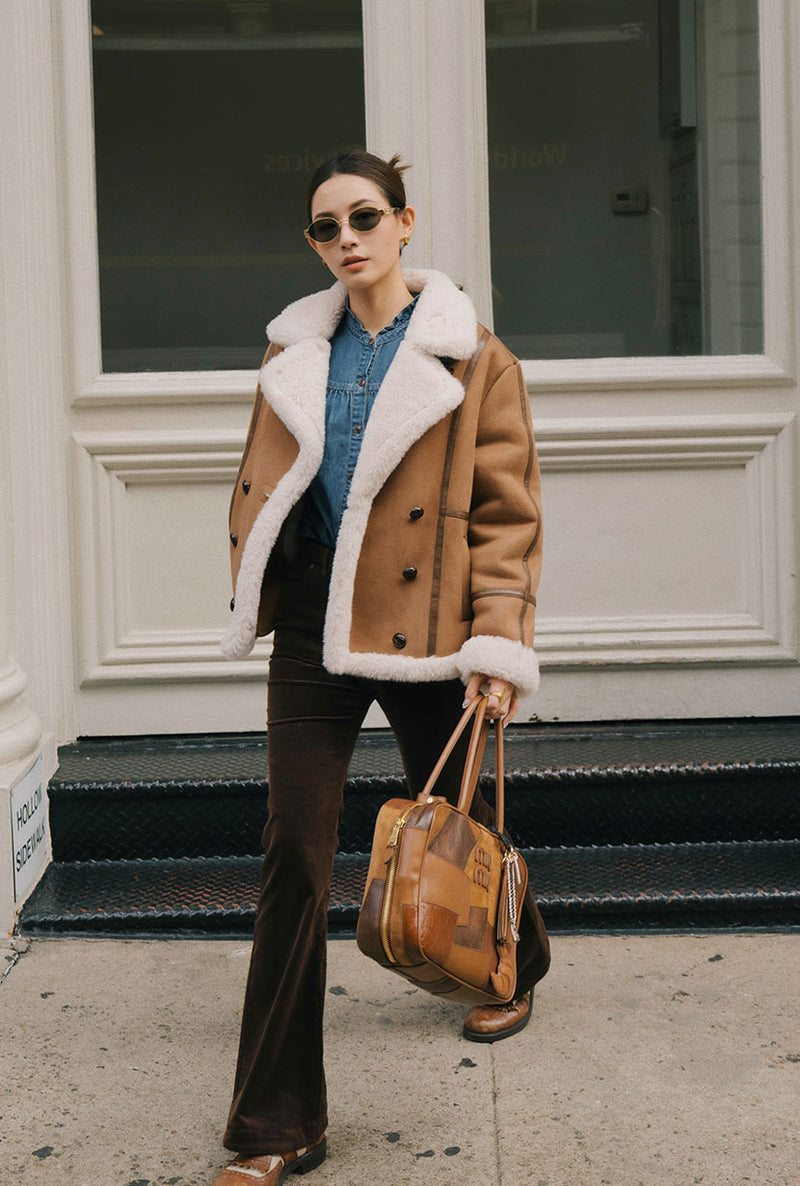 Petite Studio's Callen Suede and Fur Faux Shearling Coat in Tawny