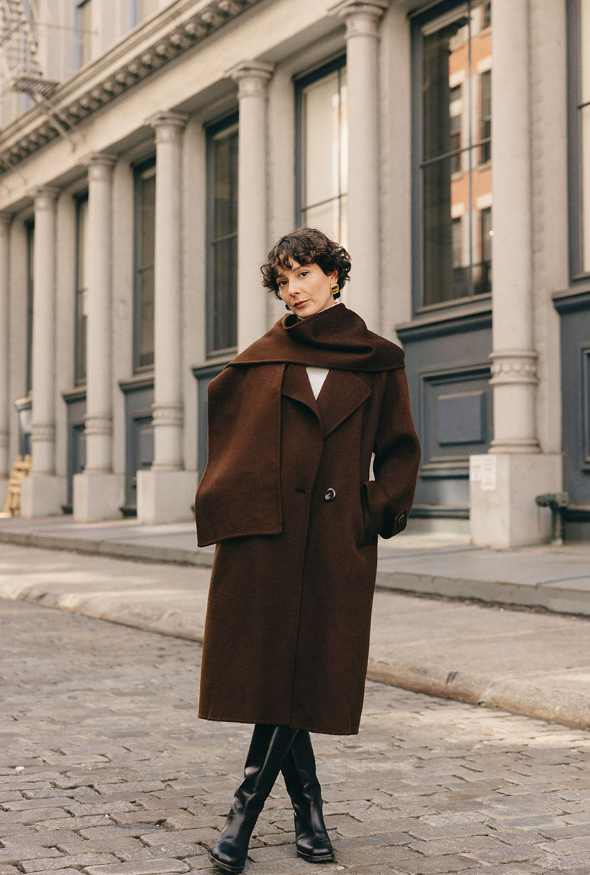 Petite Studio's Carina Wool Scarf Coat in Chocolate
