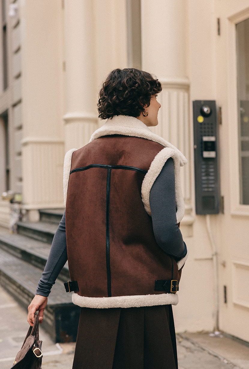 Petite Studio's Camilla Shearling Vest Jacket in Chocolate