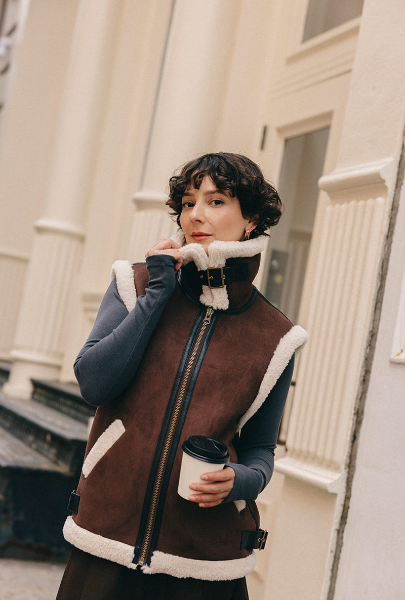 Petite Studio's Camilla Shearling Vest Jacket in Chocolate