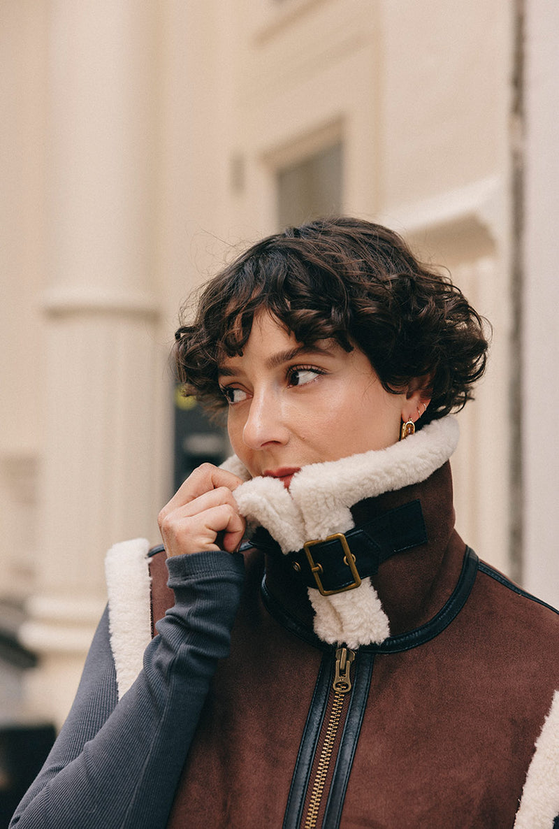 Petite Studio's Camilla Shearling Vest Jacket in Chocolate