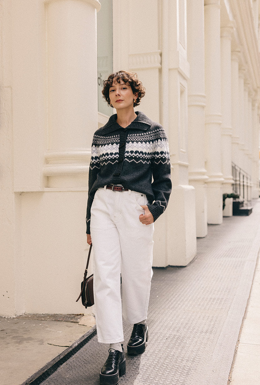 Petite Studio's Cohen Fair Isle Wool Cardigan in Charcoal 