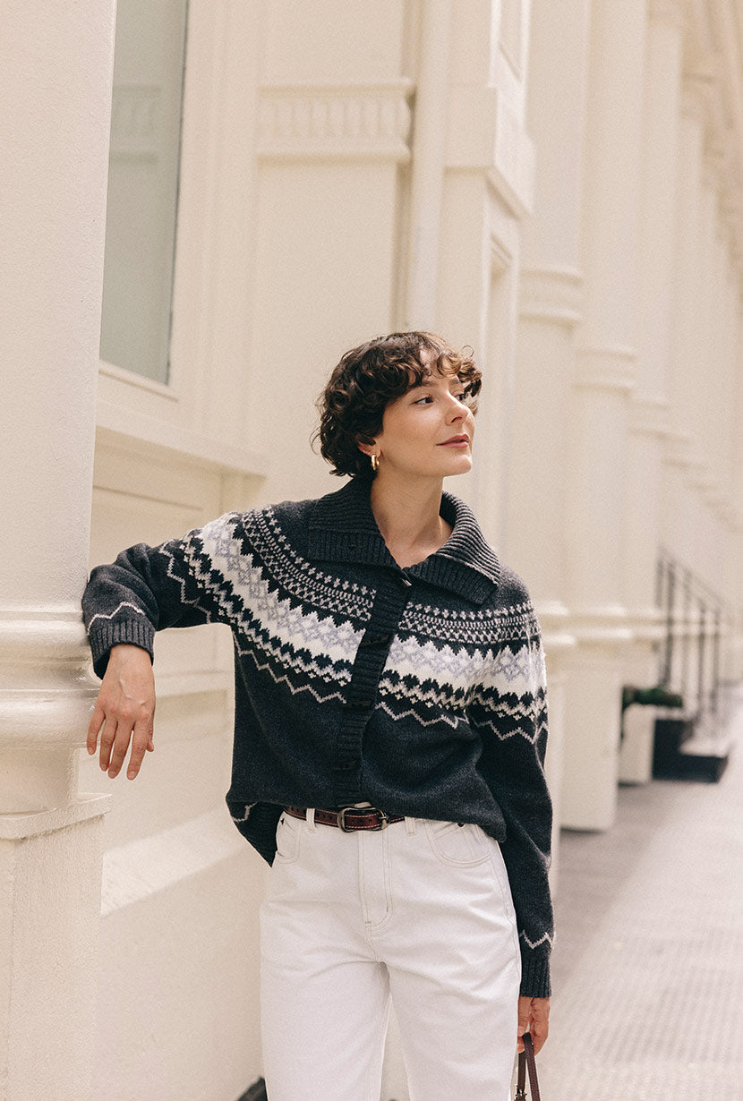 Petite Studio's Cohen Fair Isle Wool Cardigan in Charcoal 