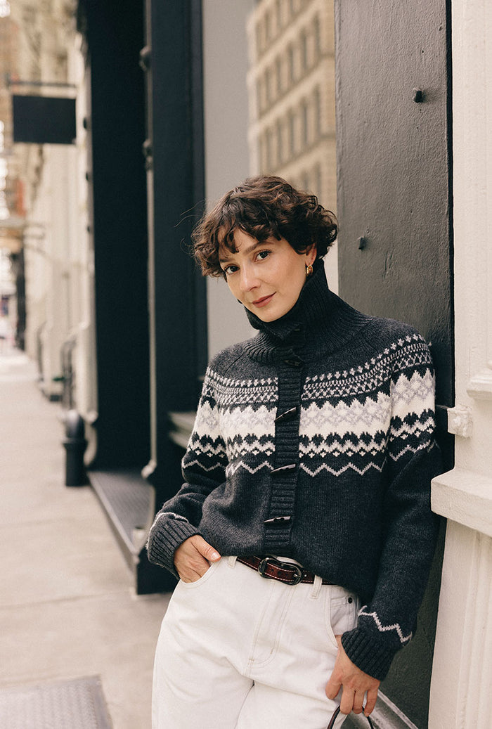 Petite Studio's Cohen Fair Isle Wool Cardigan in Charcoal 