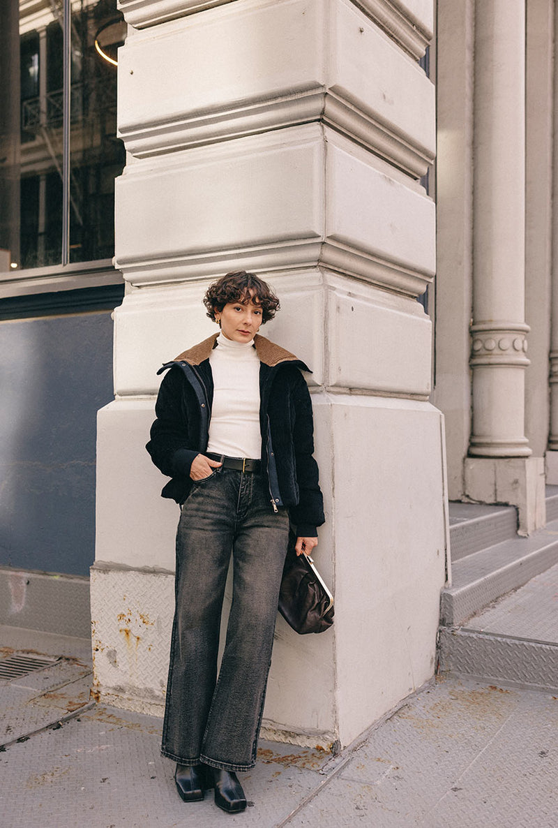 Petite Studio's Cayden Mid Rise Straight Leg Jeans in Charcoal 