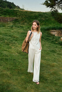 Petite Studio's Dasha Eyelet Linen Pants in White
