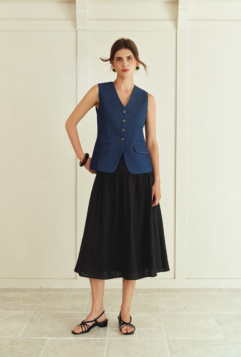Petite Studio's Atticus Linen Midi Skirt in Black