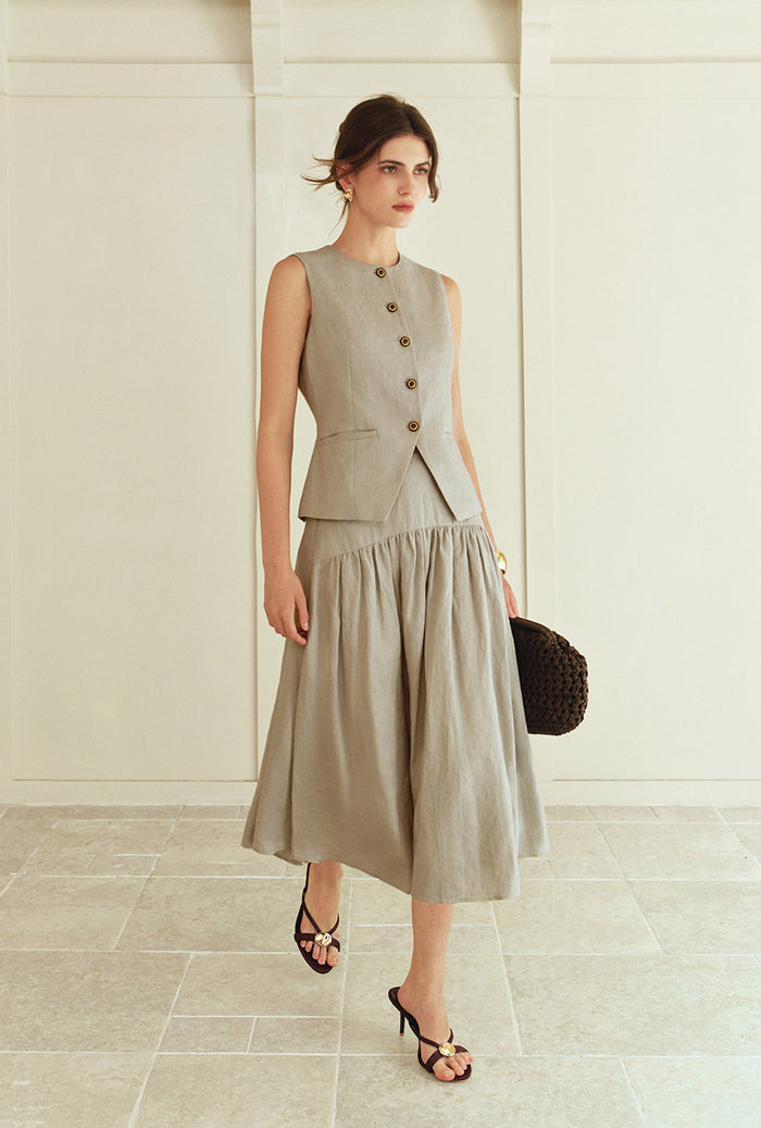 Petite Studio's Atticus Linen Midi Skirt in Sand