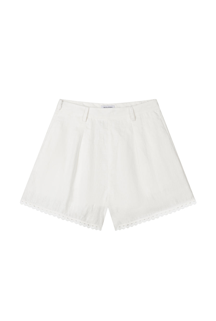 Petite Studio's Elodie Embroidered Linen Shorts in White