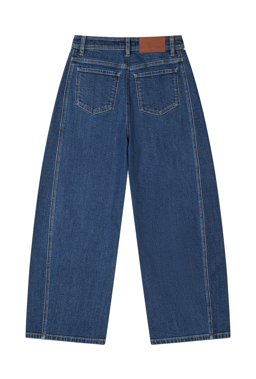 Petite Studio's Evie Mid-Rise Barrel Jeans in Blue 